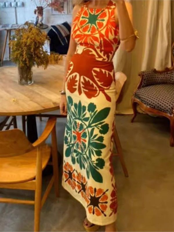 Boho Pattern Printed Slim Long Dresses New Summer Sleeveless High Waist Beach Party Dress Sexy
