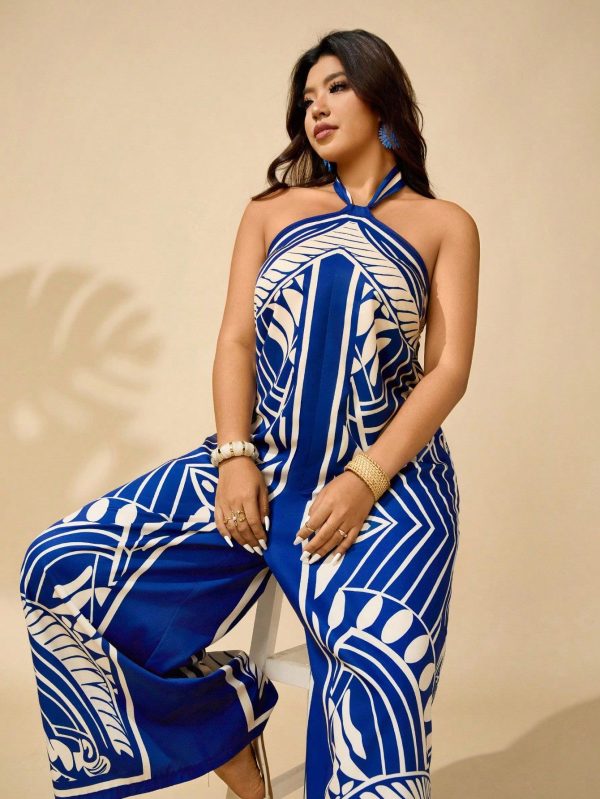 Plus Size Women Abstract Stripe Retro Print Halter Jumpsuit, Summer Vacation Outfit