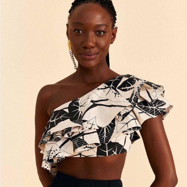 Farm Rio Tops | Farm Rio - Off-White Graphic Leaves Organic Cotton Top, Size M | Color: Black/White | Size: M