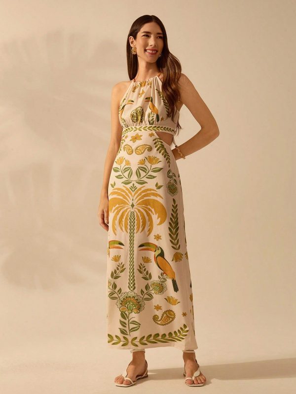 Boho Tropical Paradise Halterneck Dress – Rhododendron & Toucan Print for Summer Adventures! - XS