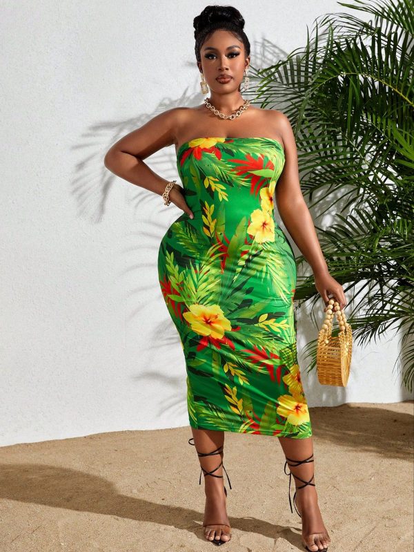 Plus Size Tropical Print Strapless Dress