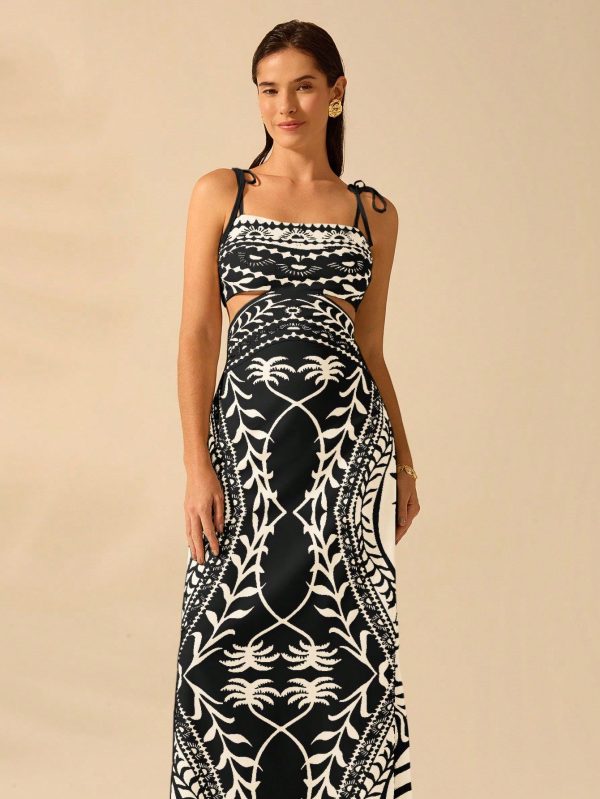 Women Boho Green Coconut Tree Print, Hollow Waist Back Binding Sleeveless Dress, Holiday Casual Summer Dress