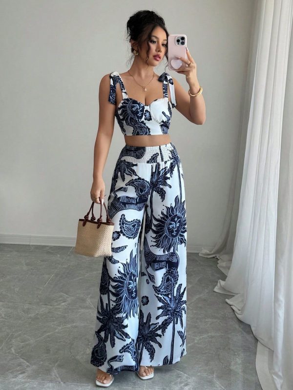Women's Summer Vacation Full Print Cropped Tank Top And Wide Leg Pants Set