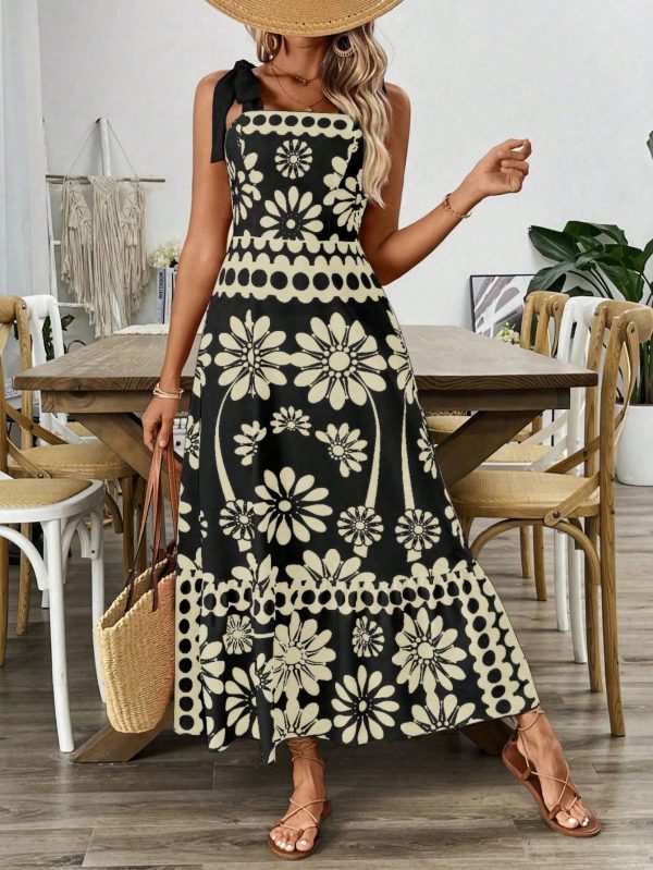 Vintage Bohemian Print Laced Shoulder Cut-Out Waist Summer Maxi Dress Vacation Beach Outfits Boho Women