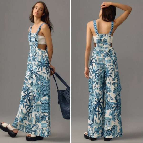Farm Rio X Anthropologie Blue Printed Overalls Size Small