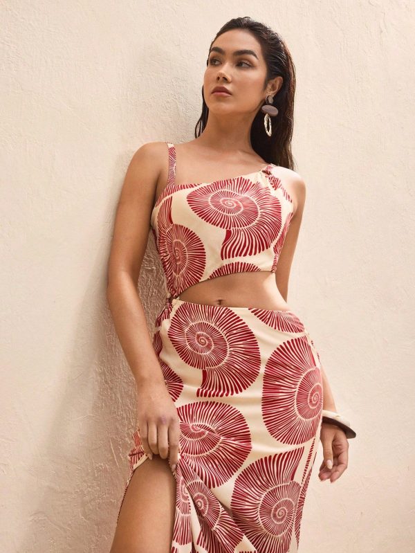 Women's Retro Holiday Print Hollow Ring Waist High Sexy Slit Maxi Dress Summer Seaside Holiday Beachwear Sexy Maxi Dress
