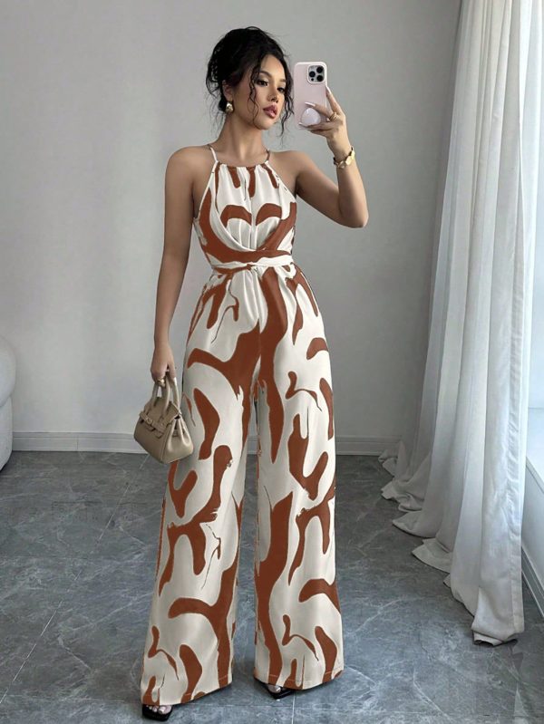 Women's Printed Fabric Waist Cinching Jumpsuit With Halter Neck, Elegant For Vacation And Daily Wear