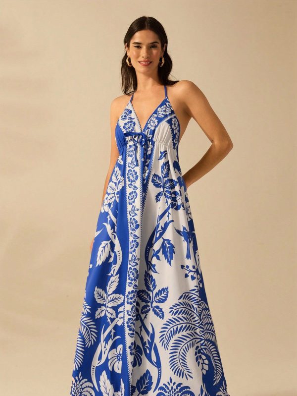 Women Vacation Tropical Boho Flower And Coconut Tree Print Spaghetti Strap Lace Up Casual Beach Summer Dress