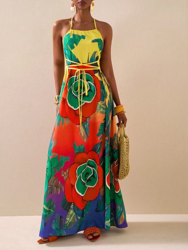 2025 New Spring And Summer Vacation Casual Beach Vacation Daily Date Loose Sleeveless Halter Neck Cross Strap Waist Tropical Plant Large Flower Pattern Printed Woven Women's Maxi Dress,Summer Dresses For Women