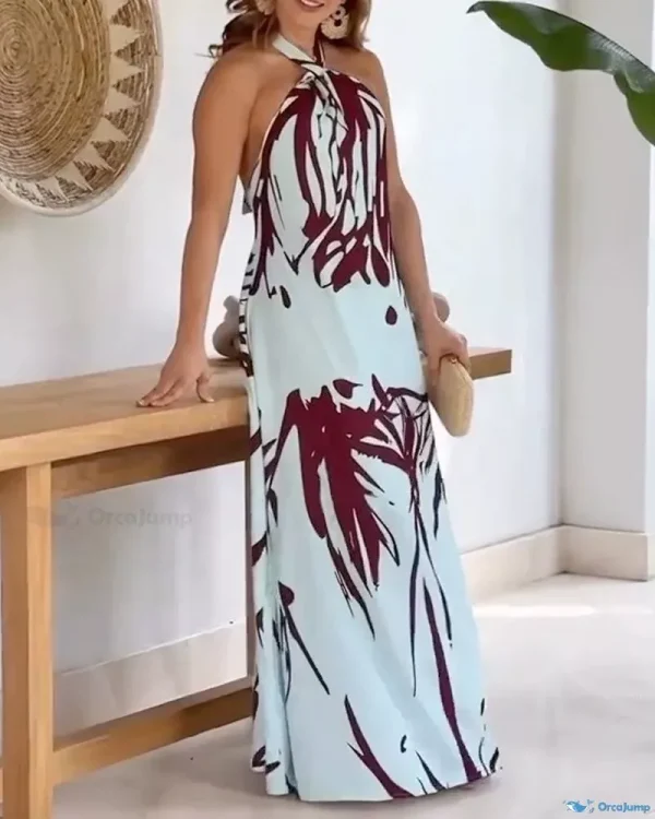 OrcaJump - Elegante maxivestido halter con exquisito estampado tropical y diseño sin espalda
