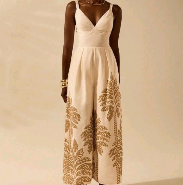 Women's Holiday Casual Boho Yellow Coconut Tree Print Camisole Long Wide Leg | Color: Red/Tan/Yellow | Size: Various