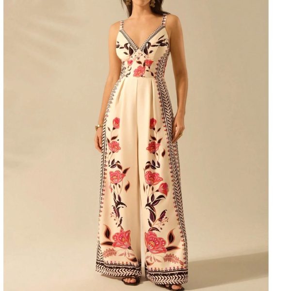 Boho Floral Print Smocked Wide Leg Cami Jumpsuit | Color: Red | Size: Various