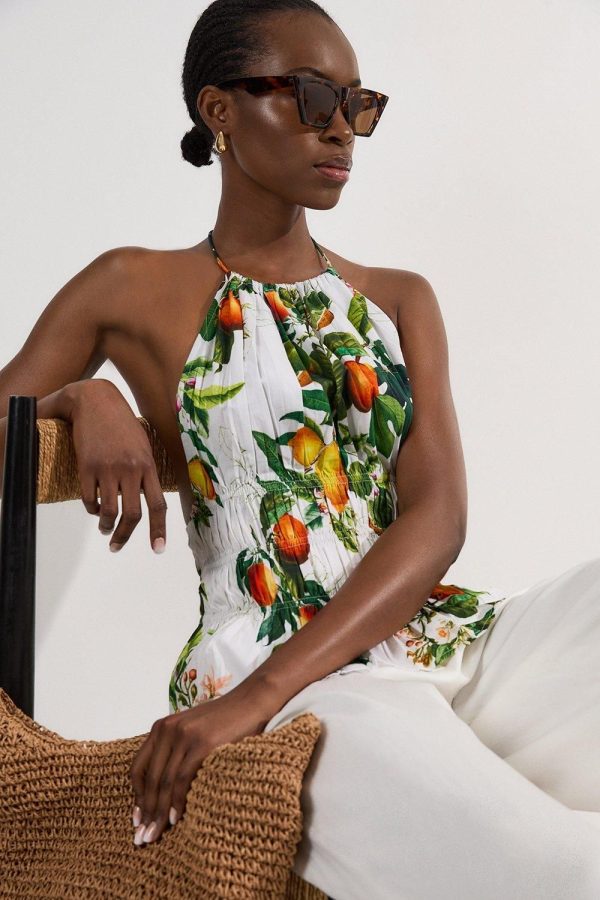 Shirred Cotton Tiered Fruit Print Halter Neck Woven Top - Multi