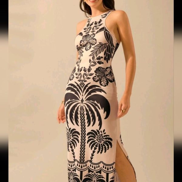 Women's Bohemian Tropical Plants & Coconut Tree Printed, Sleeveless Backless Sli | Color: Red/Tan | Size: Various