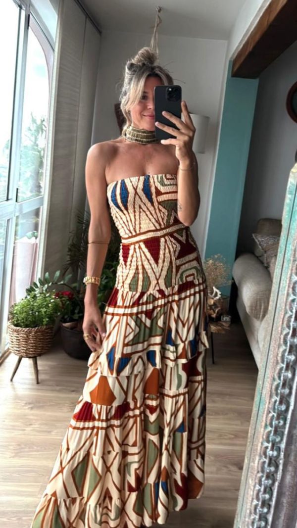 Retro Boho High Waist Printing Slip Dress - Brown - M