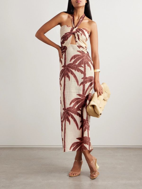 Johanna Ortiz - Water Adventure Cutout Printed Linen Halterneck Midi Dress - Cream - US4