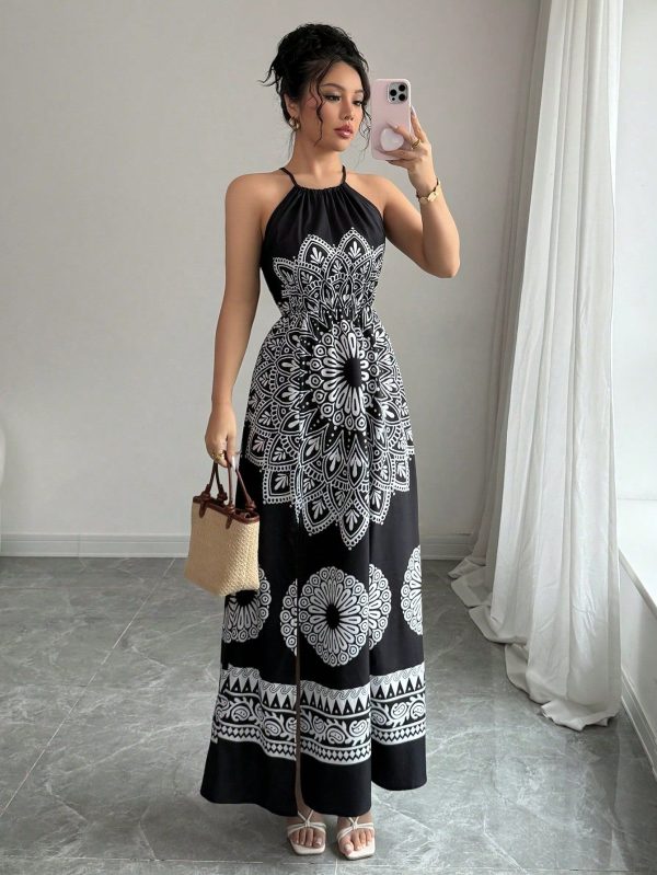 Women's Elegant Fashion Charming Beach Resort Casual Vacation Sleeveless V-Neck Waist Defined Printed Maxi Dress