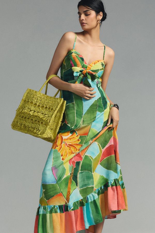 Printed Tie-Front Maxi Dress