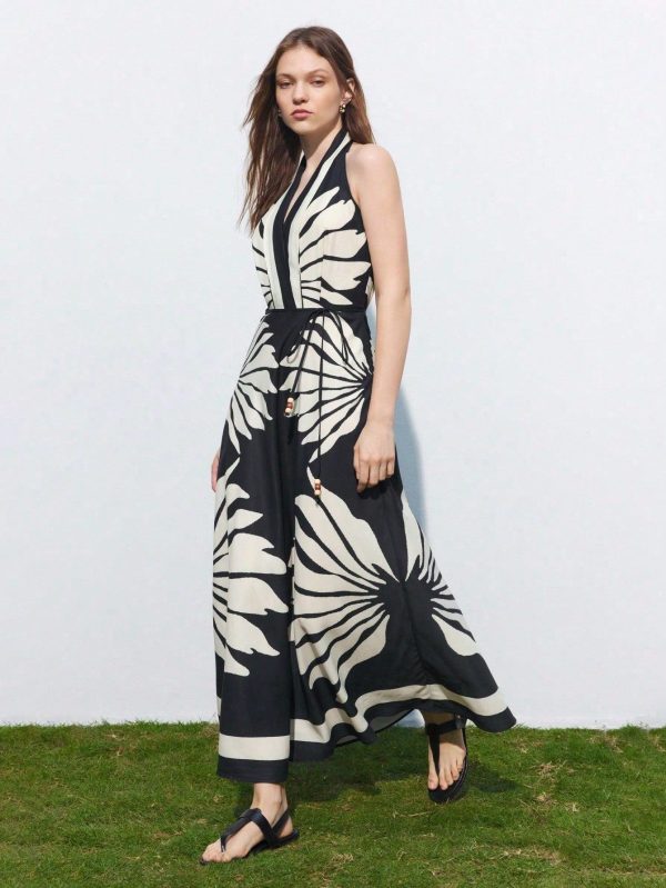 Maija Hawaiian Contrast Color Floral Print Backless Dress, Elegant Resort Casual Beach Wear For Women, Spring/Summer