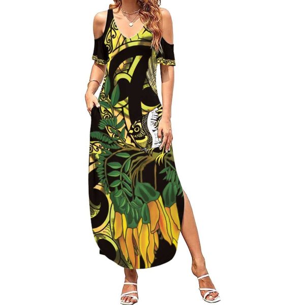 Yellow New Zealand Kowhai And Piwakawaka Summer Maxi Dress Maori Ngaru Paua Shell LT14 - Women / XL / Yellow