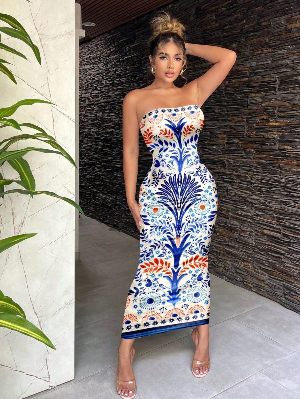 Sundress;Sexy Casual Minimalist Bohemian Resort Blue Retro Print Sleeveless Long Dress For Women,Summer Dresses For Women