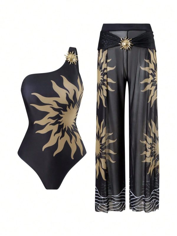 2025 New Design 2pcs Set Women One Shoulder Printed Swimsuit With Mesh Maxi Skirt, Beach Resort Casual One-Piece Swimsuit, Summer