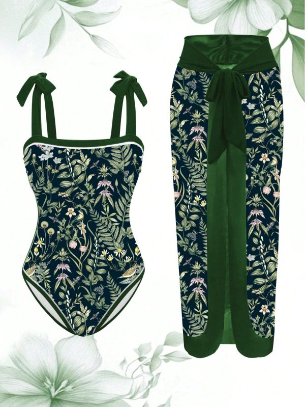 Plus Size Tropical Plant Print Twist Adjustable Strap One-Piece Swimsuit With Matching Skirt