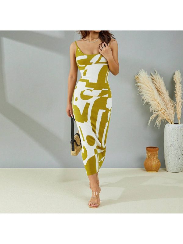 Women Knitted Dress, Color Patchwork Sleeveless Scoop Neck Strappy Bodycon One-Piece For Ladies, S/M/L