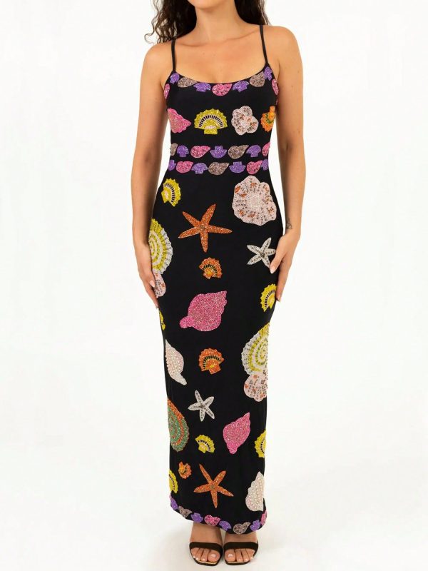 Women Starfish Shell Printed Maxi Dress Spaghetti Strap Scoop Neck Backless Bodycon Long Dress Y2k Summer Slim Fit Tight Party Vacation Beachwear Sundress