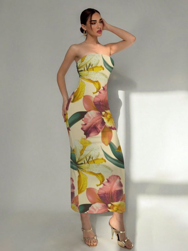 Elegant Women Spring Tropical Floral Print Bodycon Dress, Suitable For Beach/Resort/Formal Occasions/Romantic Date/Valentine's Day/Music Festival