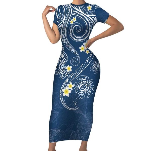Polynesia Tribal Short Sleeve Bodycon Dress Deep Blue Plumeria Tentacles LT7 - Long Dress / 4XL / Blue