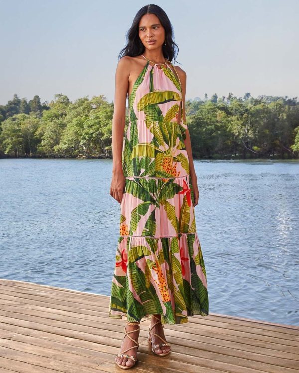Pink Banana Leaves Sleeveless Maxi Dress - L