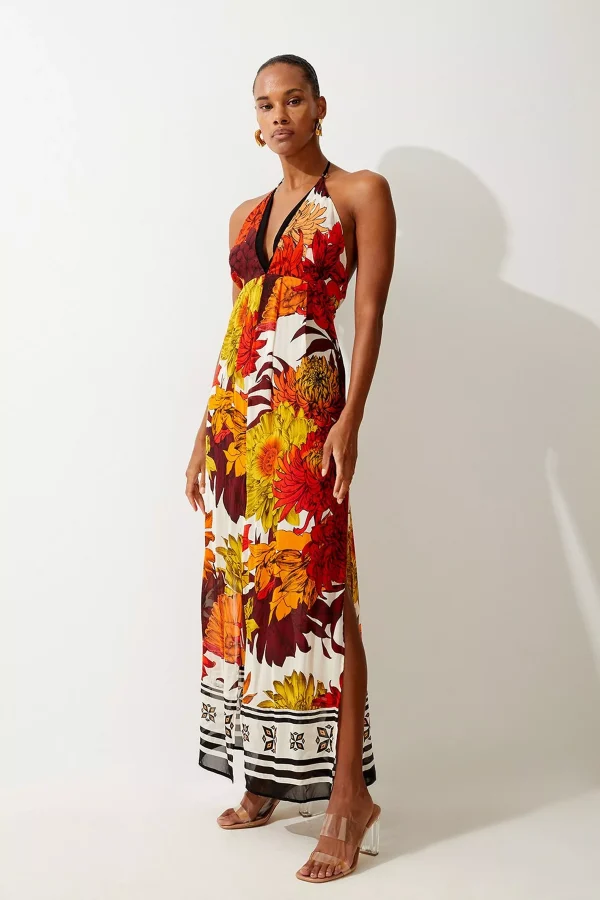 Viscose Georgette Border Print Halterneck Maxi Beach Dress | Karen Millen