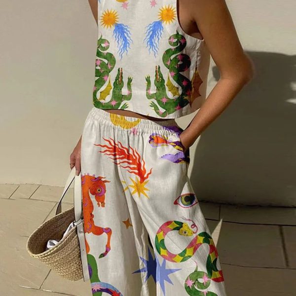 Casual Printed Pant Suits For Women Vintage Crew Neck Sleeveless Vest