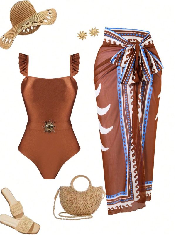 2025 New 2pcs Set Women Solid Color Ruffle Trim Waist Belt Design One-Piece Swimsuit & Mesh Panel Print Skirt, Beach Vacation Summer Swimsuit Outfit
