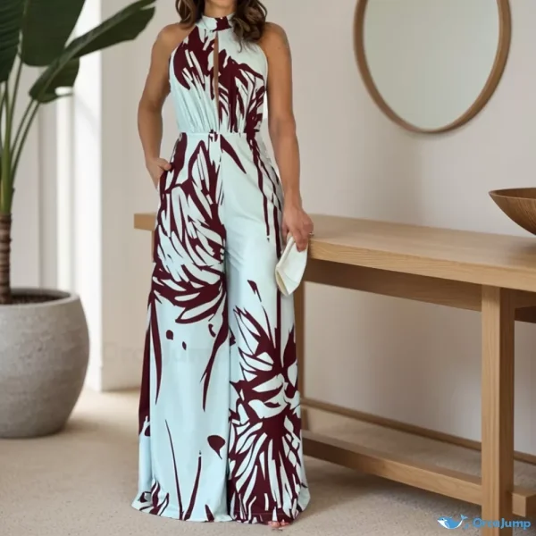 Orcajump - Stylish High-Neck Sleeveless Print Hollow Out Jumpsuit with Waist Cinching and Wide-Leg Design - White, 3XL