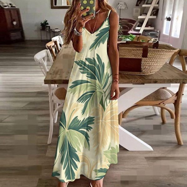 Tropical Palm Leaf Maxi Dress - Sleeveless Summer Sundress with Green Botanical Print, Flowy Vacation Beach Dress, Boho Resort Wear