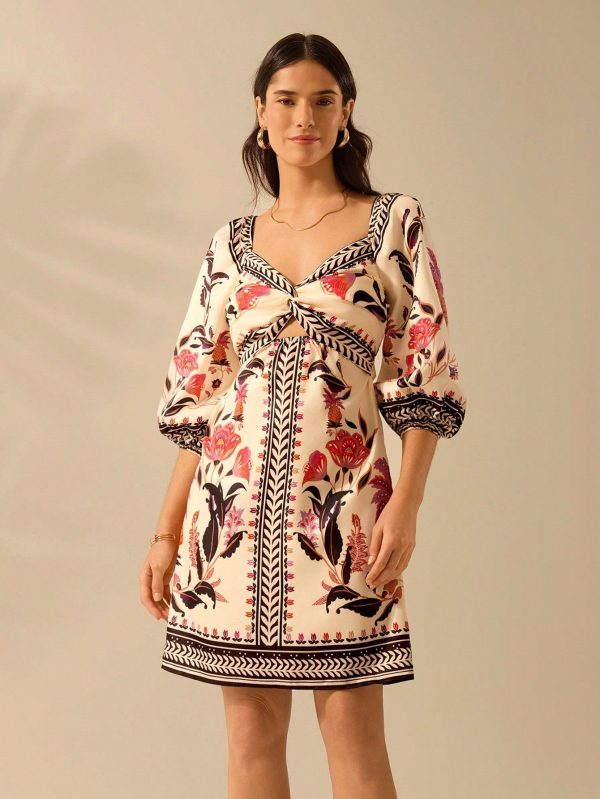 Women's Boho Style Floral Print Twist Front Puff Sleeve Casual Short Dress, Beige, Beach/Vacation