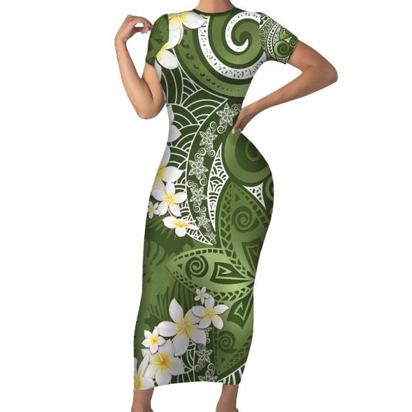 Green Polynesian Tribal Frangipani Tropical Vibe Short Sleeve Bodycon Dress LT14 - Long Dress / 3XL / Green