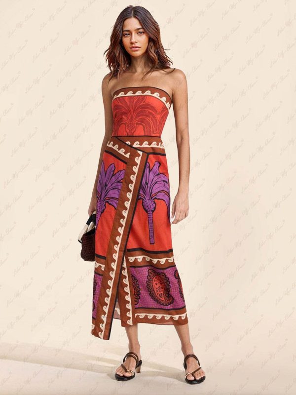 Unieke off-shoulder midi-jurk met palmboombloemen