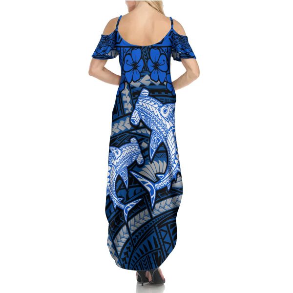 Polynesian Shark Valentine Day Summer Maxi Dress Hibiscus and Tribal Tattoo Blue Style LT03 - Women / 4XL / Blue