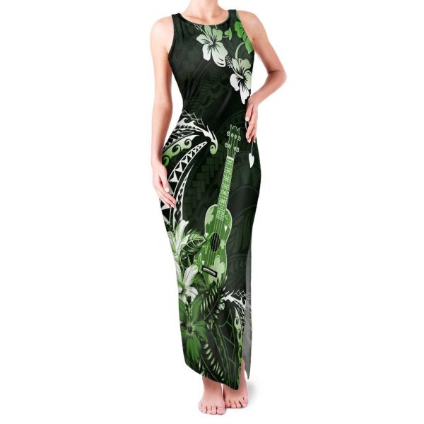 Hawaii Ukulele Tank Maxi Dress Polynesian Pattern Mix Hibiscus Green Version LT05 - Women / S / Green