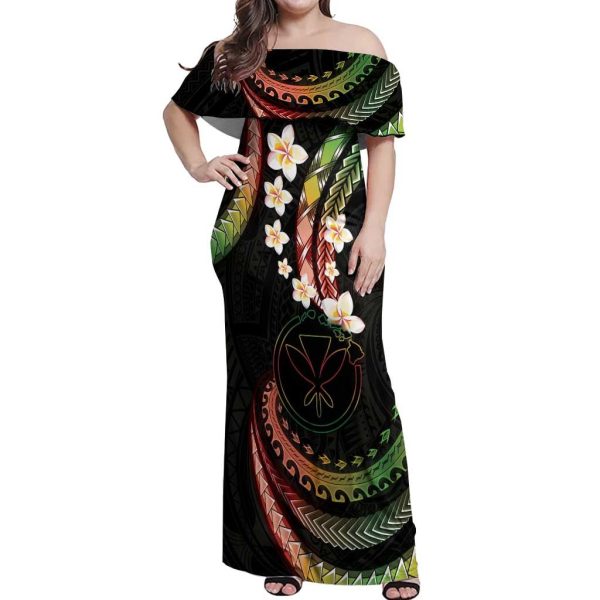 Hawaii Map Kanaka Maoli Off Shoulder Maxi Dress Fantastic Frangipani Reggae LT01 - Women / 5XL / Reggae