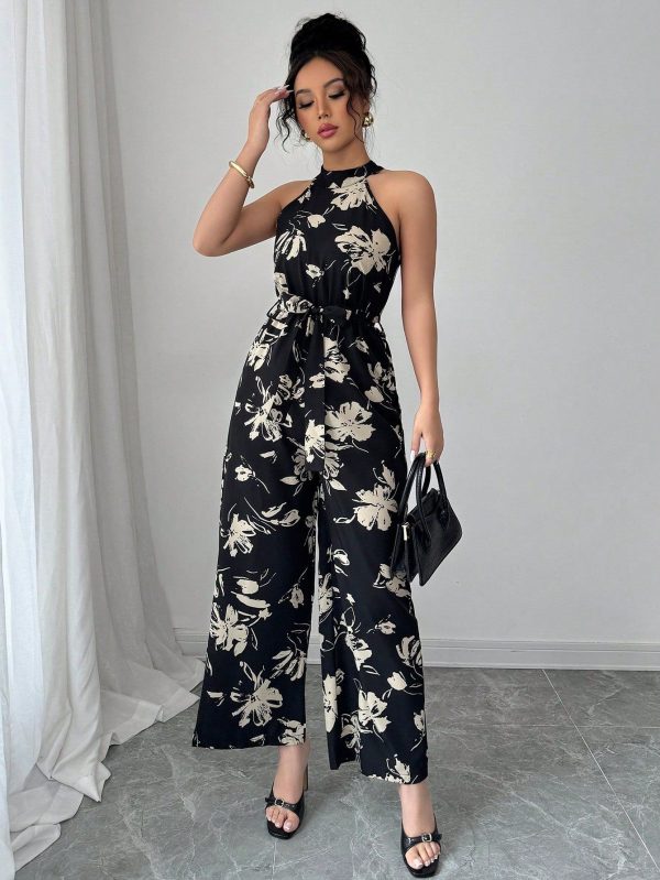 Women's Floral All-Over Print Halter Neck Jumpsuit With Cinched Waist