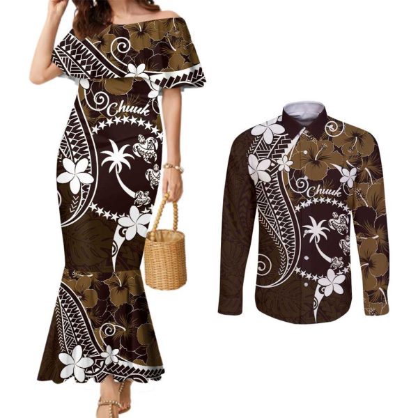 FSM Chuuk Couples Matching Mermaid Dress and Long Sleeve Button Shirt Turtle Tropical Flowers Polynesian - Brown LT14 - 4XL / 3XL / Brown