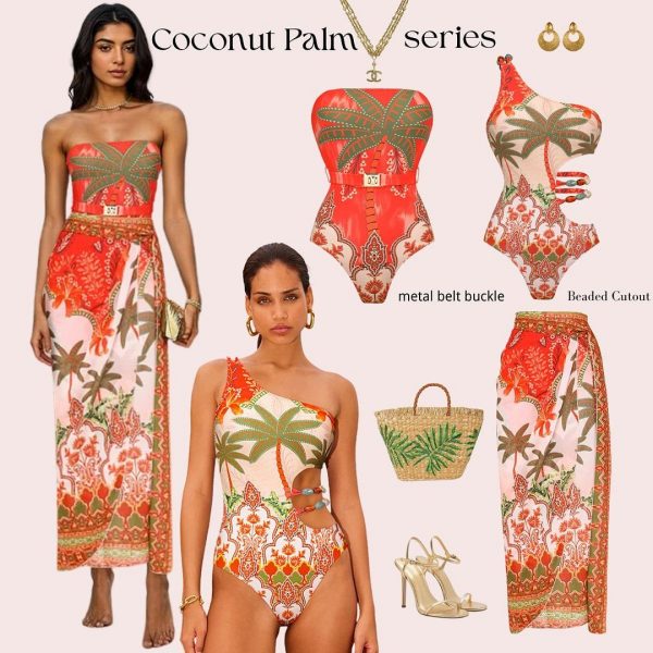 Off Shoulder Coconut Palm Print One Piece Swimsuit With Belt and Skirt