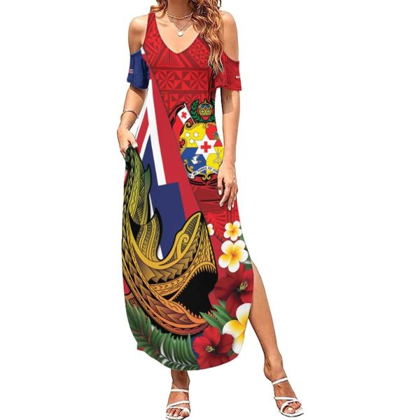 Hawaii And Tonga Family Matching Summer Maxi Dress and Hawaiian Shirt Shark Tattoo With Tongan Coat Of Arms LT14 - Mom's Dress / 3XL / Red
