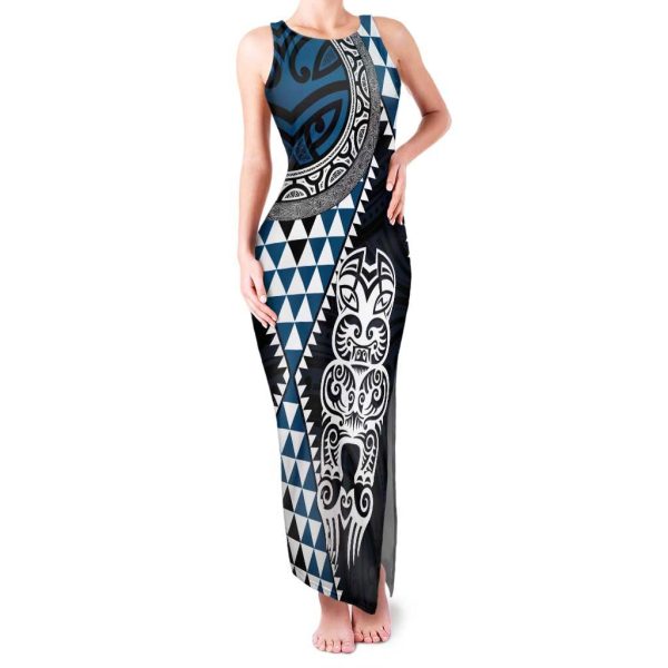 Blue Aotearoa Niho Taniwha Family Matching Tank Maxi Dress and Hawaiian Shirt Maori Mythology Tooth - Taniko Motifs LT14 - Mom's Dress / S / Blue