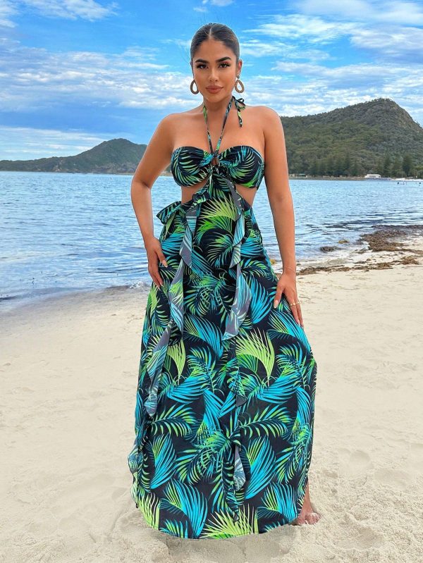 Summer Vacation Beach Dress With Peplum Halter And Strappy Skirt