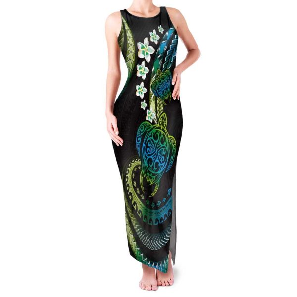 Hawaii Turtles Plumeria Tank Maxi Dress Chartreuse Cyan Polynesian Pattern LT01 - Women / M / Cyan